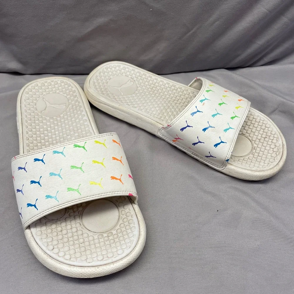 Puma Cool Cat Rainbow Monogram White Slides Mens Size 8 Sandals Multi Color Logo
